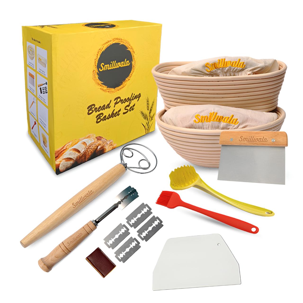 Set of 2 Banneton Bread Proofing Basket with Linen Liner, 9" Round & 10" Oval Bread Basket with 9 Essential Bread Making Tools – Rattan Sourdough Banneton Basket Kit for Baking Enthusiasts image